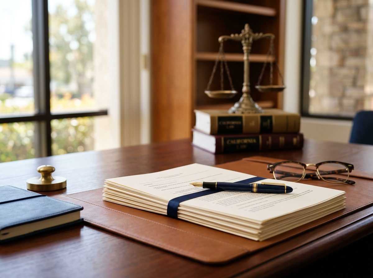 Attorney's desk with legal documents prepared for a client consultation
