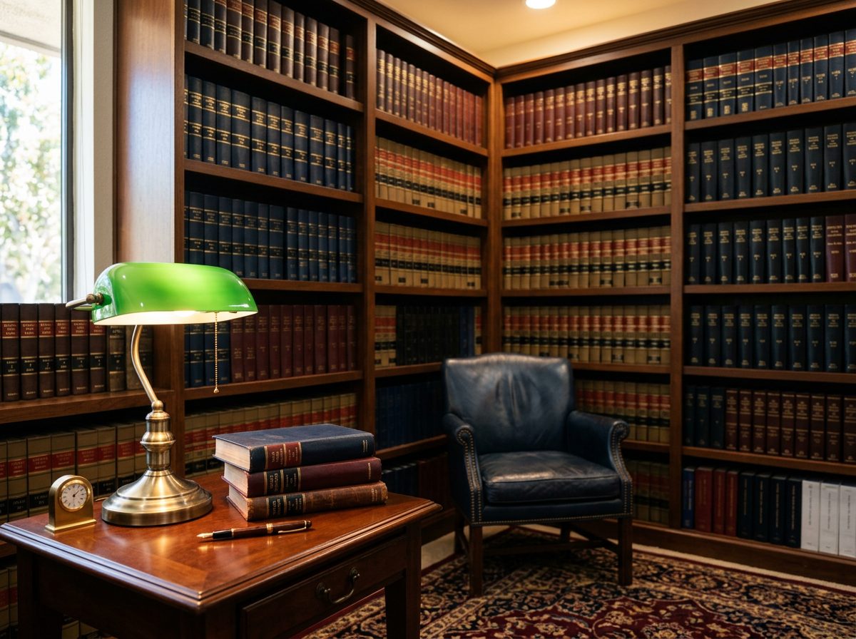 Law library shelves with bound legal volumes at the Los Alamitos office